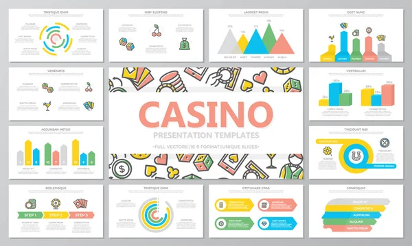 Jogos de azar e cassino modelos de apresentação multiúso e elementos infográficos no fundo branco. Uso para o relatório anual de negócios, folheto, marketing corporativo, folheto, publicidade, folheto . —  Vetores de Stock