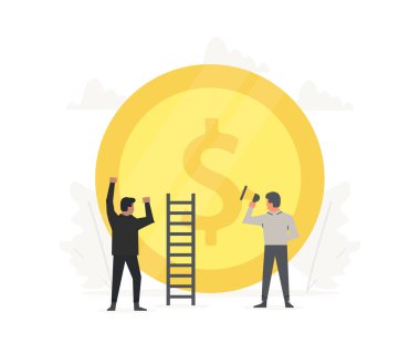 İllüstrasyon insanlar iş altın sikke inşa ediyoruz. Yenilik teknoloji başlamak yukarıya. Başarı, şampiyon, zafer, para.