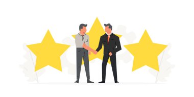 İşadamları büyük yıldız önce bir sözleşme yapmak. Olumlu eleştiri, kaliteli iş, görüş, değerlendirme, değerlendirme sistemi. Başlangıç iş sunumları beyaz arka plan üzerinde