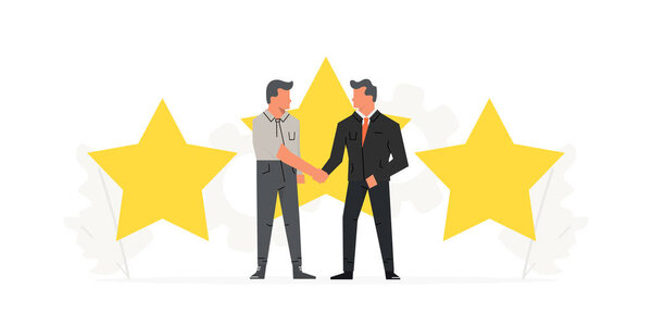 Businessmen make a contract before the big stars. Positive review, quality work, feedback, rating, evaluation system. Startup business presentations on white background