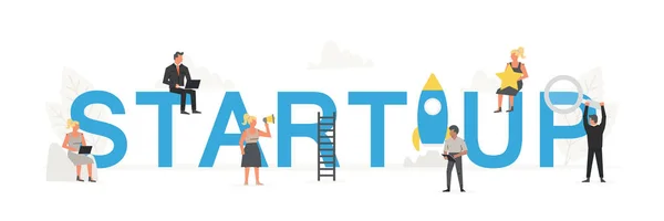 Stora ord start med små arbetande människor runt den. Vector creative business banner för designkoncept. Illustration för presentationer på vit bakgrund — Stock vektor