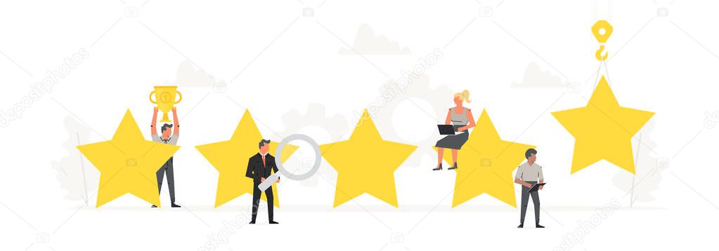 Big stars with small working people around it. Rating, feedback, evaluation system, positive review, quality work. Vector creative business banner for design concept.