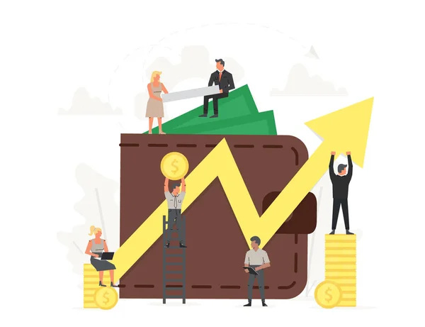 Stor plånbok med nyckel och gula pilen framgång med små arbetande människor runt den. Investeringar, Spara pengar business illustration. — Stock vektor