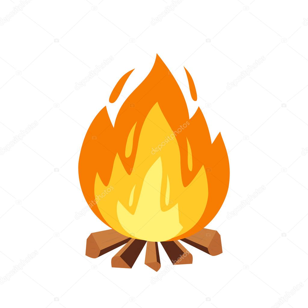 Vector campfire and camping sign in cartoon style illustration. Burning wood pile, fireplace or outdoor tourism icon on white background