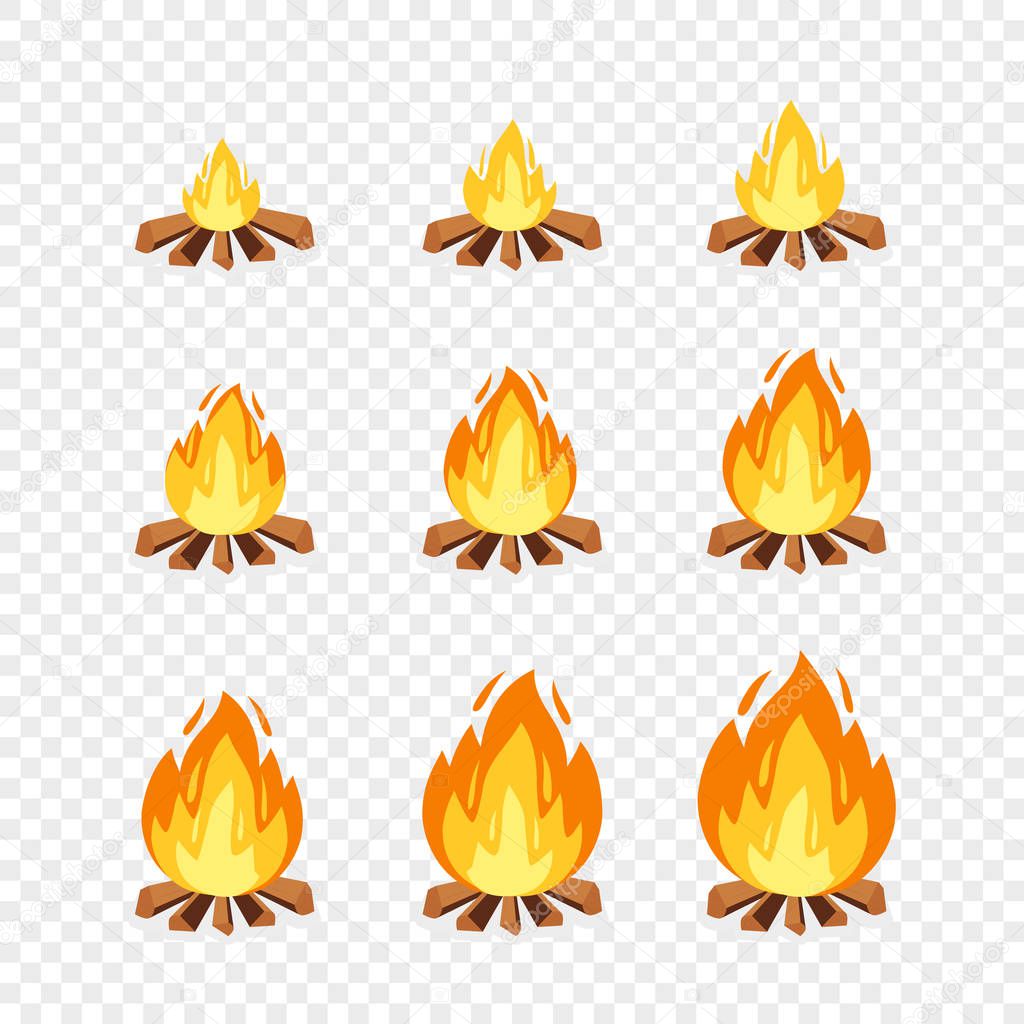 Set of camp fire sprites for animation. Vector cartoon illustration bonfire burning frames. Explosion, torch, flames, campfire for game design on transparent background