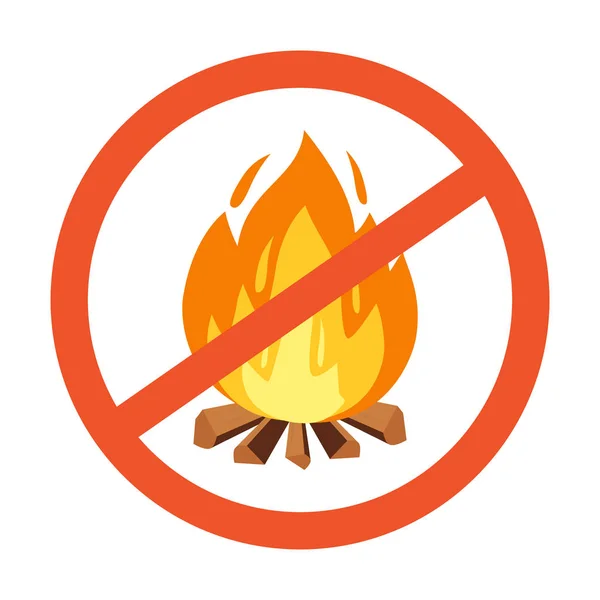 Vector flammable, hazard warning symbol design illustration. Forbidden to build a fire. Red line cross in circle with campfire — Stock Vector