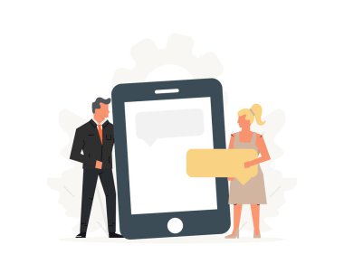 İnsanlar büyük bir telefon tutun. İş toplantısı, sanal ilişkileri, dating online, sosyal ağ ve mobil sohbet kavramı.