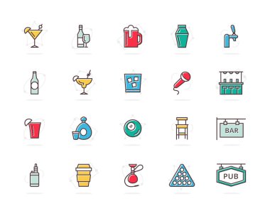 Alkol ve bar, gece kulübü çizgi simgeler renkte ayarlayın. Kokteyl, şarap, bira, Kupası, tekila, konyak, viski, shaker, viski, karaoke, vape, atış, dokunma, Bilardo, nargile ve daha fazlası. Düzenlenebilir kontur.