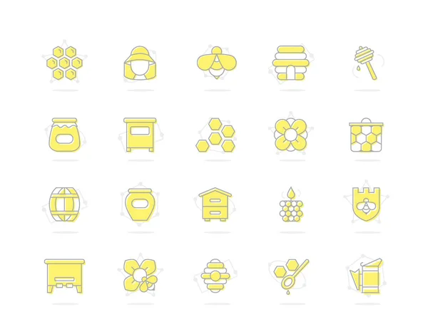 Conjunto de iconos de línea de miel de color. Abeja, panal, barril, apicultor, cazo, tarro, flor, colmena, olla, hexágono, cera de abeja, cuchara y más. Carrera Editable . — Foto de Stock