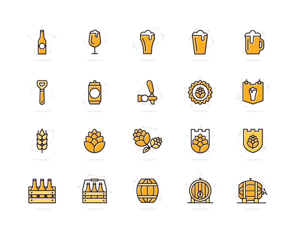 Conjunto de cerveza y bar, iconos de línea de color pub. Alcohol, botella, taza, cebada, lúpulo, barril, cerveza, espuma, barril, vaso de precipitados, tarro y más. Carrera Editable . — Foto de Stock