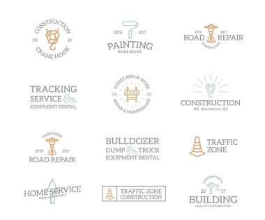 Retro vintage inşaat logo veya amblem, amblem, etiketleri ve rozetleri ve marka diğer nesneleri kümesi. çizgi stili
