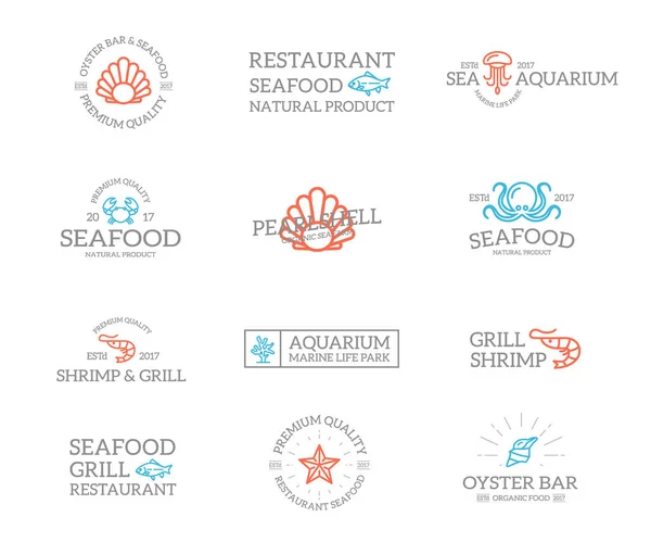 Set of retro vintage fish and seafood logo or insignia, emblems, labels and badges and other branding objects. line style — Stock Image Set of retro vintage fish and seafood logo or insignia, emblems, labels and badges and other branding objects. line style Stock Image