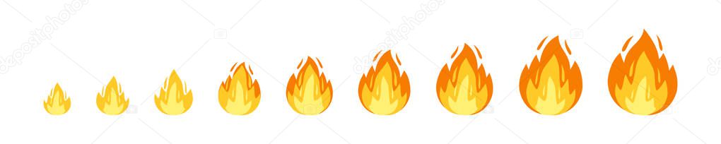 Vector fire sprites illustration for animation frames. Use in game development, mobile games or motion graphic. Bonfire, burning, explosion, torch, campfire.