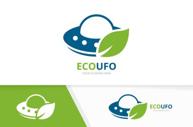Vektör Ufo ve yaprak logo bileşimi. Uzay gemisi ve Eko simge veya simge. Benzersiz yabancı ve organik logo tasarım şablonu.