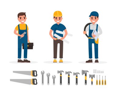 Tamirci, tesisatçı, foreman, mühendis ve Oluşturucu öğeleri koleksiyonu çeşitli insanlar eylemleri ile. İşçiler ve el aletleri düz Stil kümesi