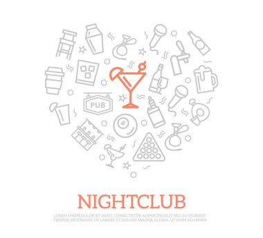 Gece kulübü ince çizgi simgeler kalp şekli tasarım konsepti. Resimde beyaz zemin üzerine sunumlar için