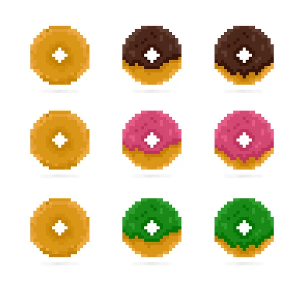 Färgade munkar i pixel-stilen. Rosa, grön och brun ringdiagram. Dessert och godis 8 Bit ikonen — Stockfoto