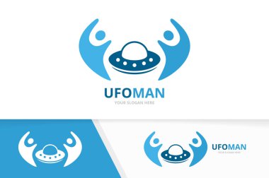 Vektör Ufo ve insanlar logo bileşimi. Uzay gemisi ve aile simge veya simge. Benzersiz uzaylı logo tasarım şablonu.