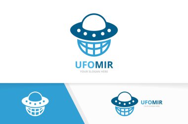 Vektör Ufo ve gezegeni logo bileşimi. Uzay ve dünya sembolü veya simge. Benzersiz uzaylı ve küre logo tasarım şablonu.