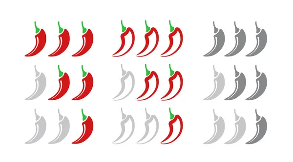 Escala de força de pimenta vermelha quente. Conjunto de indicadores com posições de ícone suaves, médias e quentes isoladas no fundo branco . — Vetor de Stock