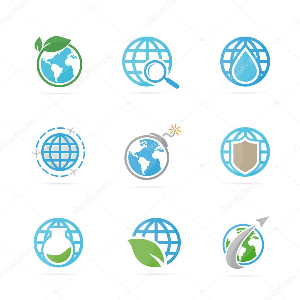 Set of world logo combination. Planet and earth symbol or icon. Unique global and network logotype design template.
