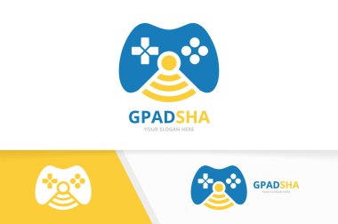 Vektör joystick ve wifi logo bileşimi. Gamepad ve sinyal simge veya simge. Benzersiz konsol denetleyici ve radyo logo tasarım şablonu.