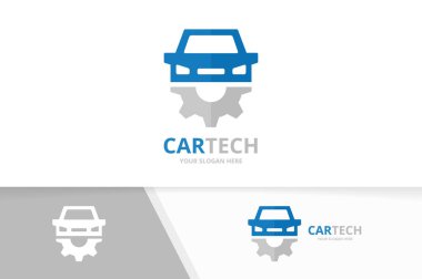 Vektör araba ve dişli logo bileşimi. Araç ve mekanik simge veya simge. Benzersiz otomotiv ve endüstriyel logo tasarım şablonu.