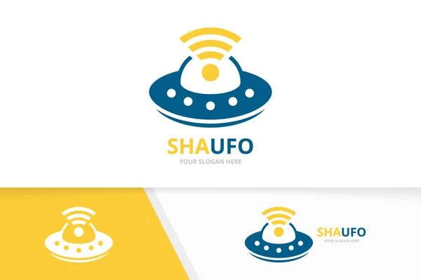 Vector UFO y combinación de logotipo wifi. Nave espacial y símbolo de señal o icono. Plantilla única de diseño de logotipos de radio y alienígenas . — Archivo Imágenes Vectoriales