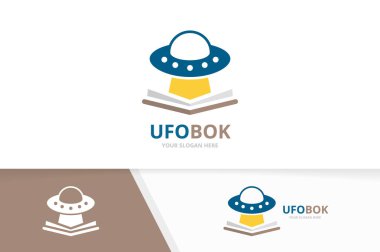 Vektör Ufo ve açık kitap logo kombinasyonu. Uzay gemisi ve Kitabevi simge veya simge. Benzersiz uzaylı ve Kütüphane logo tasarım şablonu.