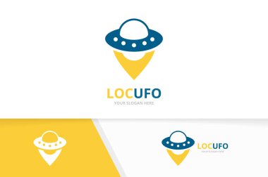 Vektör Ufo ve harita işaretçi logo bileşimi. Uzay gemisi ve gps Konumlandırıcı simge veya simge. Benzersiz uzaylı ve PIN logo tasarım şablonu.