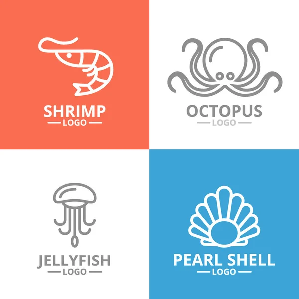 Set von Quallen und Meeresfrüchten, Garnelen, Muscheln, Kraken Logo oder Abzeichen, Embleme, Etiketten und Abzeichen. — Stockfoto