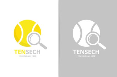 Vektör tenis ve büyüteç logo bileşimi. Oyun ve simge veya simge büyütme. Benzersiz top ve arama logo tasarım şablonu.