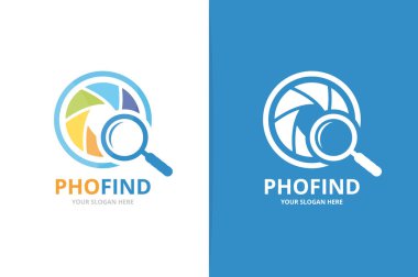 Vektör kamera çekim ve Büyüteç logo bileşimi. Objektif ve simge veya simge büyütme. Benzersiz fotoğraf ve arama logo tasarım şablonu.