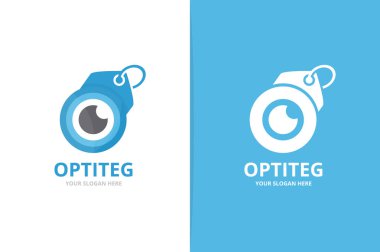 Vektör göz ve etiketi logosu bileşimi. Optik ve dükkanı simge veya simge. Benzersiz vizyon ve etiket logo tasarım şablonu.
