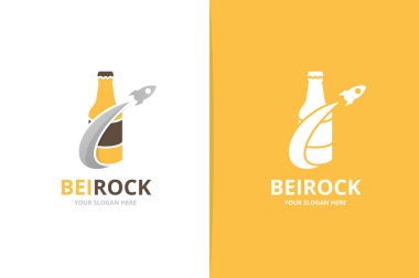 Vektör şişe ve roket logo bileşimi. Bira ve uçak simge veya simge. Benzersiz alkol ve uçuş logo tasarım şablonu.