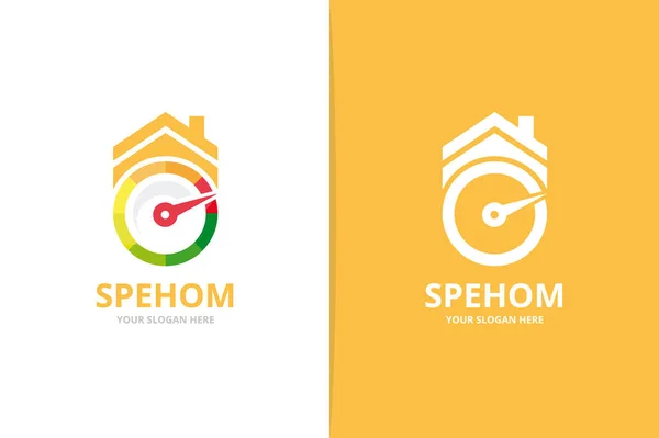 Velocímetro vectorial y combinación de logotipo inmobiliario. Taquímetro y símbolo de la casa o icono. Plantilla única de diseño de logotipos de speedo y alquiler . — Archivo Imágenes Vectoriales