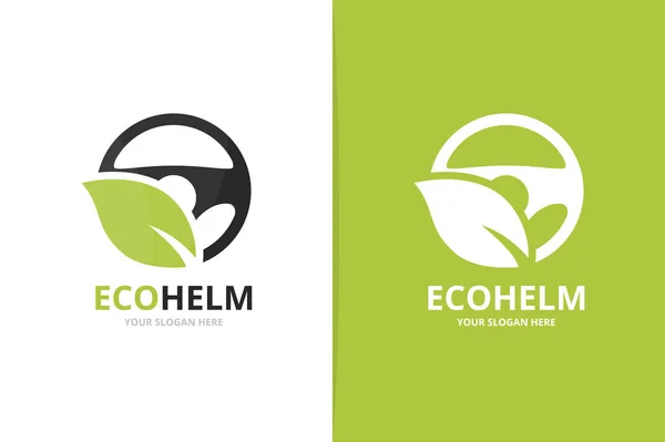 Vector auto roer en blad logo combinatie. Stuurwiel en eco-symbool of pictogram. Unieke roer en biologische logo ontwerpsjabloon. — Stockvector