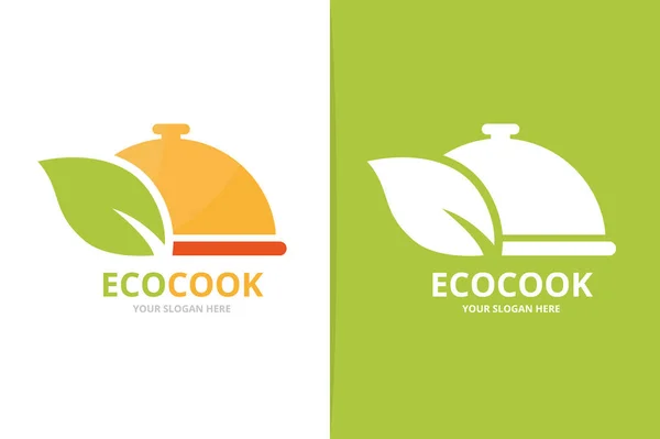 Vector schotel en blad logo-combinatie. Plaat en eco-symbool of pictogram. Unieke keuken en biologische logo ontwerpsjabloon. — Stockvector