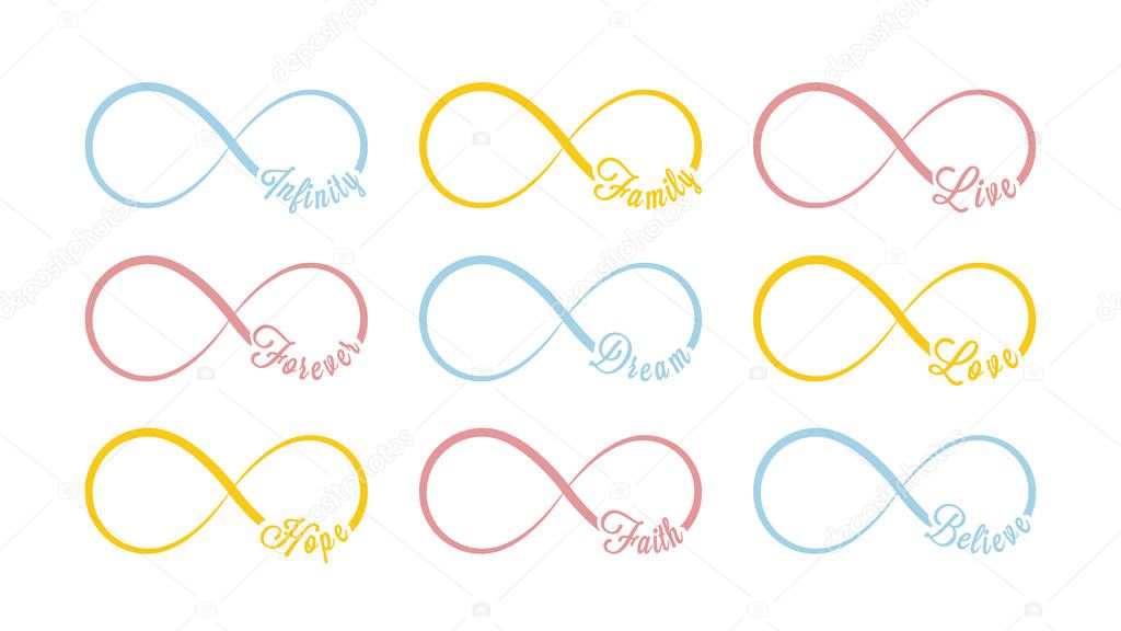 Vector infinity symbols. Colored repetition and unlimited cyclicity icon and sign illustration on white background. Forever, dream, love, hope, strong, believe, live, faith, family