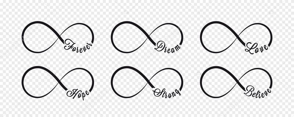 Infinity symbols. Repetition and unlimited cyclicity icon and sign illustration on transparent background. Forever, dream, love, hope, strong, believe
