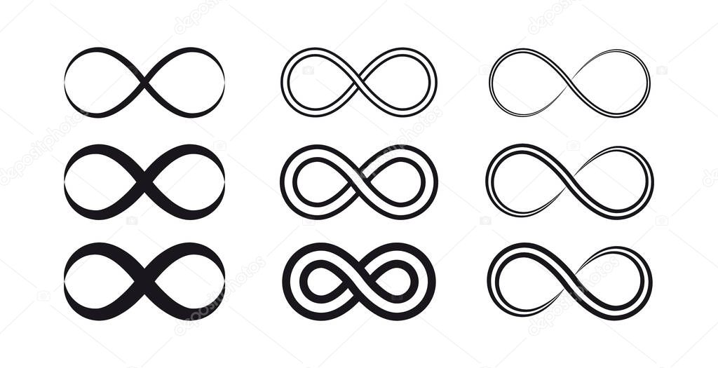 Set of infinity symbols and icons silhouettes.