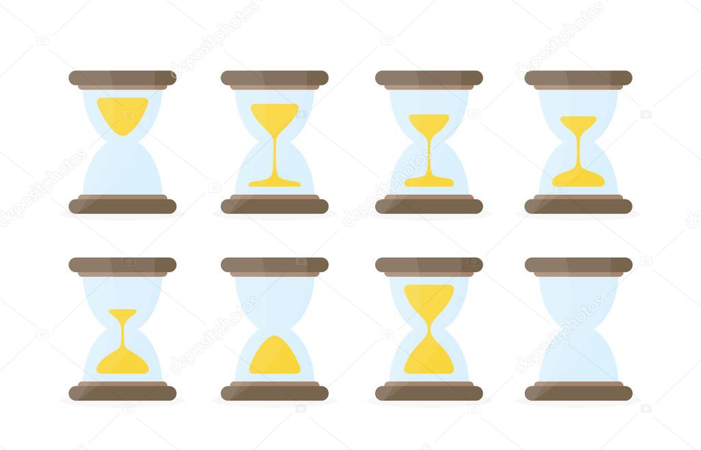 Hourglass sprites illustration for animation frames. Colored sand clocks on white background. Use in game development, mobile games or motion graphic.