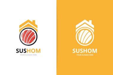 Vektör suşi ve Emlak logosu bileşimi. Japon yemekleri ve ev simge veya simge. Eşsiz deniz ürünleri ve kira logo tasarım şablonu.