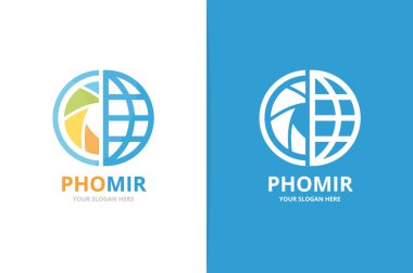 Vektör kamera çekim ve gezegeni logo bileşimi. Objektif ve dünya sembolü veya simge. Benzersiz fotoğraf ve küre logo tasarım şablonu.