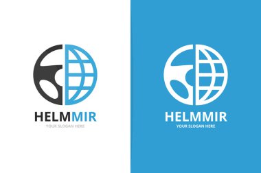 Vektör araba dümen ve gezegeni logo bileşimi. Direksiyon simidi ve dünya simge veya simge. Benzersiz dümen ve küre logo tasarım şablonu.