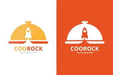 Vektör çanak ve roket logo bileşimi. Plaka ve simgesini veya simgesi başlatın. Benzersiz mutfak ve uzay gemisi logo tasarım şablonu.