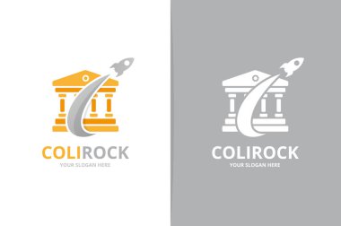 Vektör banka ve roket logo bileşimi. Sütun ve uçak simge veya simge. Benzersiz yargıç ve uçuş logo tasarım şablonu.