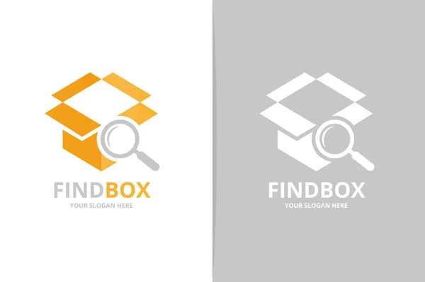 Vector box en loupe logo-combinatie. Pakket en vergrootglas pictogram of symbool. Unieke levering en zoek logo ontwerpsjabloon. — Stockvector