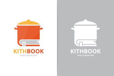 Vektör pot ve kitap logo bileşimi. Mutfak ve Kütüphane simge veya simge. Benzersiz pan ve Kitabevi logo tasarım şablonu.