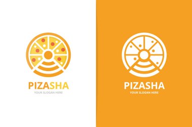 Vektör pizza ve wifi logo bileşimi. Gıda ve sinyal simge veya simge. Benzersiz pizzeria ve radyo, internet logo tasarım şablonu.